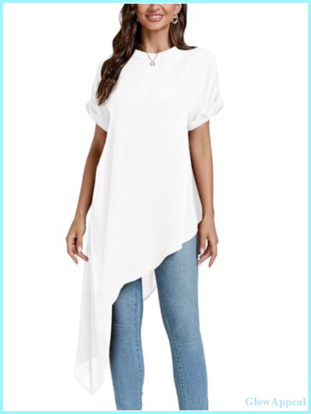 Women's Mock Neck Asymmetric Hem Tunic Blouse Short Sleeve